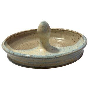 VTG Pottery Vanity Ring Bracelet Jewelry Holder Speckled Beige Blue Glaze Signed
